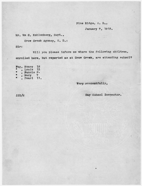 File:J.J. Duncan to Superintendent William C. Kohlenberg, Crow Creek Agency, South Dakota. - NARA - 284643.tif