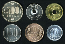 Münzen zu 1, 5, 10, 50 und 100 Yen