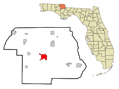 Jackson County Florida Sisältää ja rekisteröimättömät alueet Marianna Highlighted.svg