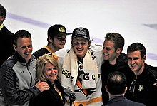 Guentzel with his family following the Penguins' Stanley Cup win in 2017 Jake Guentzel and family 2017-06-11.jpg