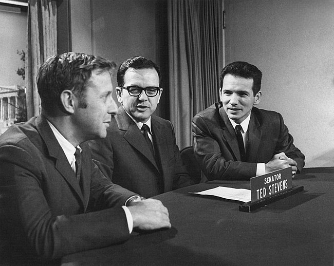 Stevens (centre) with Jay Greenfield (left) & AFN President Emil Notti (right) discussing ANCSA in 1969.