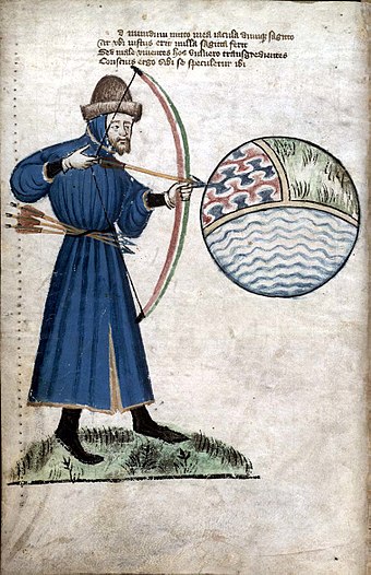 John Gower prepares to shoot the world, a sphere with compartments representing earth, air, and water (Vox Clamantis, around 1400)