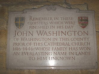 Plaque in Durham Cathedral's cloisters for John Wessington (Washington). John Washington plaque.JPG
