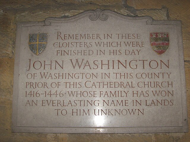 Plaque in Durham Cathedral's cloisters for John Washington, who was Prior there.