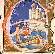 The earliest known depiction of Pressburg Castle: The destruction of Emperor Henry III ships at the city in 1052 (Chronicon Pictum, 1358)