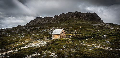 Kitchen Hut with Cradle Mountain in the background in Cradle Mountain-Lake St Clair National Park, Tasmania