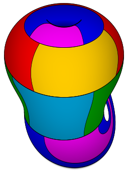 A 6-colored Klein bottle, the only exception to the Heawood conjecture Klein bottle colouring.svg