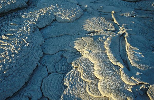 White surface of solidified lava flows at Ol Doinyo Lengai, August 2001