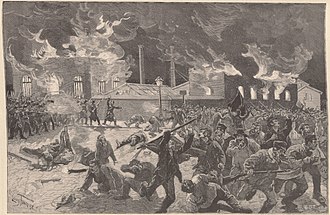 Soldiers fire on strikers in Roux, 10 April 1886 Le Monde illustre - 10 avril 1886 - p233 - Roux - Les chasseurs du 3e regiment dispersent par la force les emeutiers qui viennent d'incendier la Verrerie du Hainaut.jpg