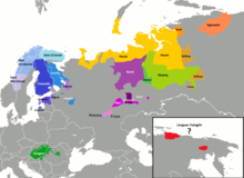 Répartition des langues ouraliennes actuelles en Eurasie.