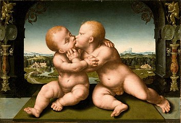 Workshop of Joos van Cleve. Christ and John the Baptist as Children label QS:Lde,"Christus und Johannes der Täufer als Kinder" label QS:Len,"Christ and John the Baptist as Children" label QS:Lpl,"Chrystus i Jan Chrzciciel jako dzieci" label QS:Lnl,"Christus en Johannes de Doper als kinderen" Circa 1530 date QS:P,+1530-00-00T00:00:00Z/9,P1480,Q5727902 . oil on panel medium QS:P186,Q296955;P186,Q106857709,P518,Q861259 . 39 × 58 cm (15.3 × 22.8 in). Utrecht, Museum Catharijneconvent.