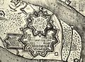 Die Mannheimer Rheinschanze, die Stadt und die Zitadelle Mannheim im Jahr 1620. Die sog. Rheinschanze war der Brückenkopf von Mannheim auf der linken Seite des Stroms in Form eines Hornwerks (oben im Bild, dort wo heute die Stadt Ludwigshafen liegt).