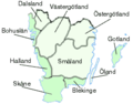 Götaland with the Swedish acquisitions of 1645 and 1658 in darker green: Gotland, Blekinge, Halland, and Skåne from Denmark, and Bohuslän from Norway (then under Danish rule).