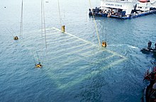 The final stages of the salvage of the Mary Rose on 11 October 1982. The lifting frame holding the wreck of the Mary Rose can be seen just below the surface of the water, about to be lifted. MaryRose-salvage1982-below water edited.jpg