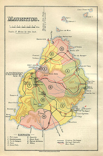 Waterlow and Sons map of Mauritius, 1910, showing railway lines in black. Mauritius Waterlow map 1910.jpg