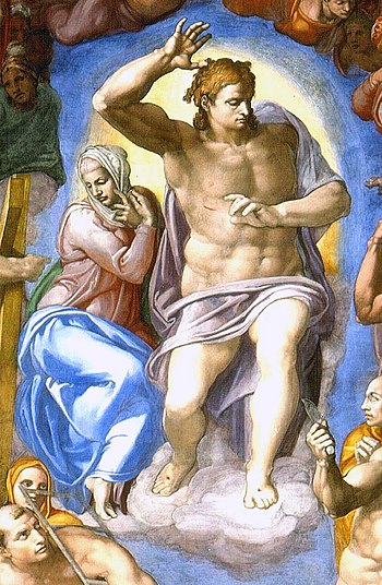 Cristo ressuscitado e Maria no Juízo Final, por Miguelângelo, Capela Sistina.