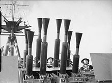 8-barrelled Chicago piano on HMS Rodney, viewed from below