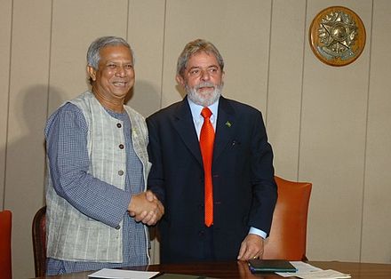 Yunus with Brazilian President Lula Da Silva in 2008 after winning Nobel Peace Prize