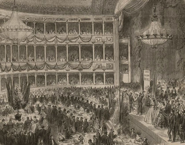 A reception held at the Naum Theatre in honour of Giuseppe Garibaldi, who had lived and worked (as a teacher) in the Pera district of Constantinople (