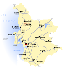 The province of Oristano where Vernaccia di Oristano may have originated. Also shown on the map is the location of the ruins of the Phoenician settlement of Tharros on the coast of the Gulf of Oristano. Oristano mappa.png