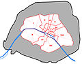 1860: Alte Arrondissements vor der Gemeindereform innerhalb der Befestigungen von 1840 bis 1845 (grau die heutigen Grenzen), die Bezirke sind entlang der Straßenzüge der Stadttore, den Faubourg, gegliedert