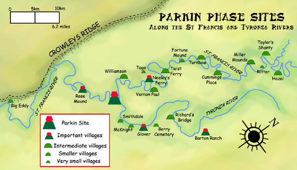 The distribution of Parkin phase sites along the St. Francis and Tyronza rivers, the area the Spanish called the province of Casqui.