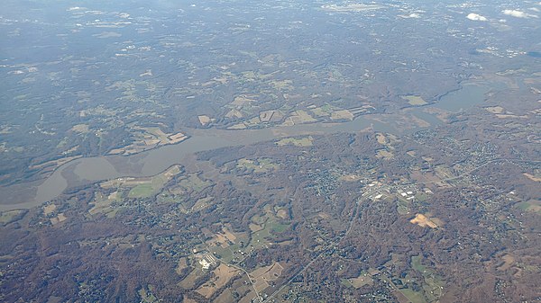 Aerial photograph of the Patuxent River forming the boundary of Calvert County (foreground) and Prince George's County