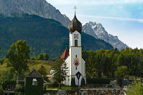 Bavarian church tower in Grainau, Germany