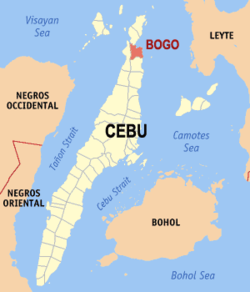 Mapa ng Cebu na nagpapakita ng lokasyon ng Bogo