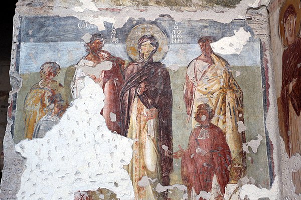A Byzantine-style fresco at the Santa Maria Antiqua church in Rome, likely painted around 650 AD. It depicts the woman and her seven sons (here named 