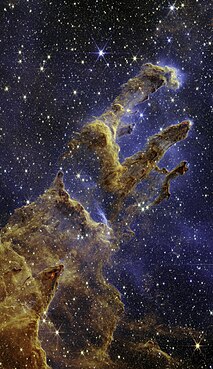 Third place: Young stars form in 'The Pillars of Creation' as seen by the James Webb Space Telescope’s near-infrared camera Uznanie autorstwa: NASA, ESA, CSA, STScI; image processing by Joseph DePasquale (STScI), Anton M. Koekemoer (STScI), Alyssa Pagan (STScI) (public domain) 292 votes