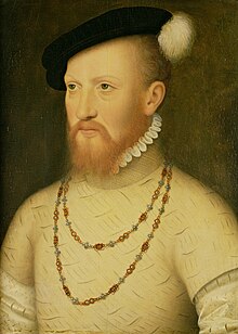 Edward Seymour, 1st Duke of Somerset, as Lord Protector, helped the Archbishop with the king's three crowns. Portrait of Edward Seymour, 1st Duke of Somerset (by Follower of Francois Clouet).jpg