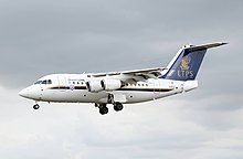 Qinetiq/ETPS BAe Avro 146 RJ70 arrives at the 2017 Royal International Air Tattoo, England. LTPA on the forward fuselage indicates the Long Term Partnering Agreement between Qinetiq and the UK Ministry of Defence Qinetiq.ETPS BAe Avro 146 RJ70 (QQ102) arrives13July2017 arp.jpg