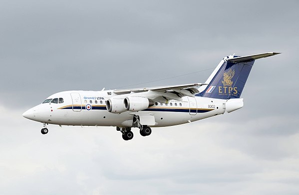 Qinetiq/ETPS BAe Avro 146 RJ70 arrives at the 2017 Royal International Air Tattoo, England. LTPA on the forward fuselage indicates the Long Term Partn