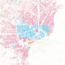 Darstellung der ethnischen (racial) Bevölkerungsverteilung in Detroit im Jahr 2000. Weiß, Schwarz, Asiatisch, Latino.