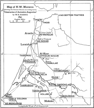 A late 19th-century reconstruction of the main Roman roads in Mauretania Tingitana. Roman roads in Morocco, according to W. B. Harris (1897).png