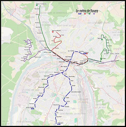 Map of public transport in Rouen. The Métro is blue, the T1 line is red, T2 line is green and T3 line is purple. The last three are BRT lines.