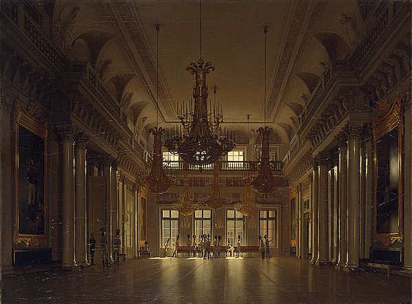 The Field Marshals' Hall of the Winter Palace. Russian cuirassiers can be seen observing the paintings.