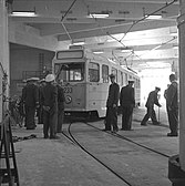 SM53 making the first test run inside of Grefsen Depot. SM53 Vogn 233 in Grefsen Depot.jpg