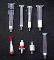 A selection of solid phase extraction cartridges, available in many sizes, shapes, and types of stationary phase. SPE Cartridges.jpg