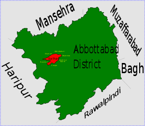 Location of Salhad Union Council (highlighted in red) within ناحیه ابوت‌آباد، the names of neighbouring districts to Abbottabad are also shown