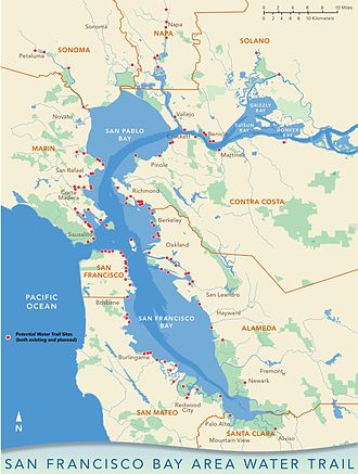 San Francisco Bay Area Water Trail Vision Map, Location San Francisco Bay Area, United States, Use kayaking, canoeing, outrigger canoeing, rowing (sport), whaleboat, dragon boat, stand up paddle surfing windsurfing, kitesurfing, Birdwatching, Environmental Education San Francisco Bay Area Water Trail Vision Map.jpg