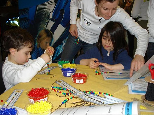 Children at a public outreach event thread bracelets in four colours to spell out a DNA sequence.
