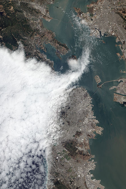 Fog obscures the Golden Gate as it spills into San Francisco Bay in this satellite image