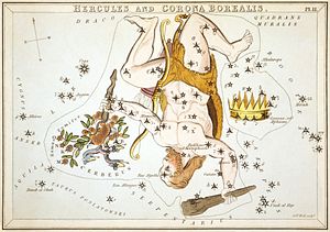 The "Cerberus et Ramus" combination of Cerberus and Ramus Pomifer can be seen in this plate from Urania's Mirror (c. 1825). Sidney Hall - Urania's Mirror - Hercules and Corona Borealis.jpg