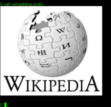 The Wikipedia logo, converted to Sixel format Sixel Wikipedia logo.png