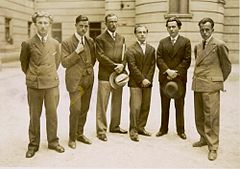 Kocbek (left) with a group of young Slovenian writers in Ljubljana, 1925. Left to right: Edvard Kocbek, Bogomil Hrovat, Slavko Grum, Anton Ocvirk, Josip Vidmar, Vladimir Bartol