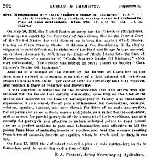 A report of the 1917 decision of the United States District Court for Rhode Island, fining Clark Stanley $20 for "misbranding" its "Clark Stanley Snake Oil Liniment". SnakeOilDecision.jpg