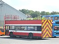 The rear of Southern Vectis 023 Vlad the Impaler (A174 VFM), a Leyland Olympian/ECW. The bus came from Southern Vectis' sister company, Wilts & Dorset, and has been converted into Southern Vectis' new tree lopper, hence its name of "Vlad the Impaler". Trees can be seen in the top deck.