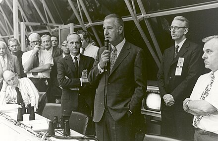 Spiro Agnew congratulates launch control after the launch of Apollo 17 in 1972
